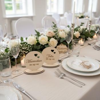 „Runde Platzkarte aus Birkensperrholz mit graviertem Vornamen in ovaler Halterung, dekorativ auf einem Tisch arrangiert.“